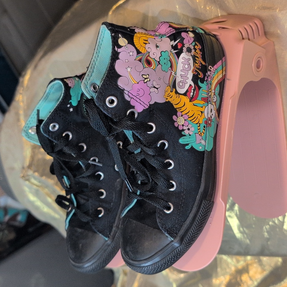 Converse Chuck Taylor Black and Pink and Yellow and Purple Kids Sneakers Size 3
